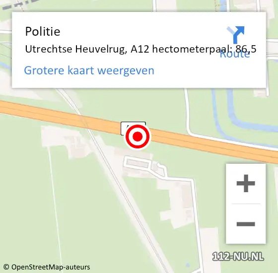 Locatie op kaart van de 112 melding: Politie Utrechtse Heuvelrug, A12 hectometerpaal: 86,5 op 30 mei 2024 14:50