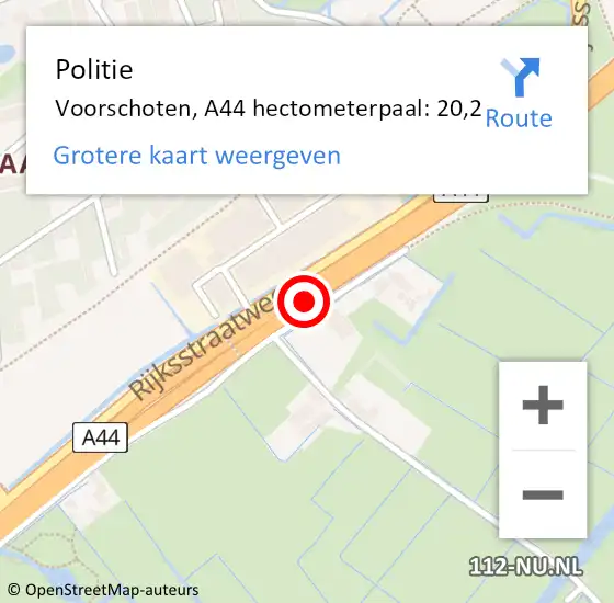 Locatie op kaart van de 112 melding: Politie Voorschoten, A44 hectometerpaal: 20,2 op 30 mei 2024 16:01