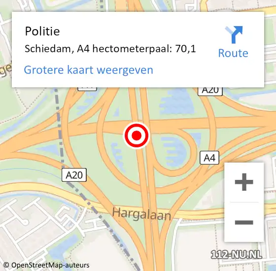 Locatie op kaart van de 112 melding: Politie Schiedam, A4 hectometerpaal: 70,1 op 30 mei 2024 16:02