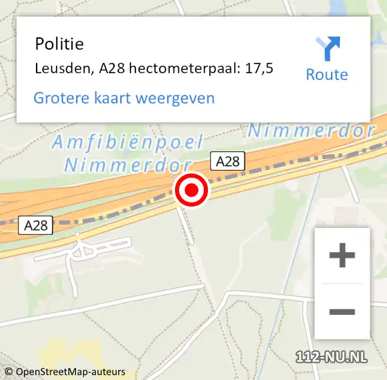 Locatie op kaart van de 112 melding: Politie Leusden, A28 hectometerpaal: 17,5 op 30 mei 2024 16:29