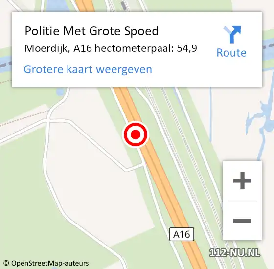 Locatie op kaart van de 112 melding: Politie Met Grote Spoed Naar Moerdijk, A16 hectometerpaal: 54,9 op 30 mei 2024 17:00