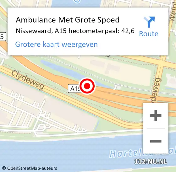 Locatie op kaart van de 112 melding: Ambulance Met Grote Spoed Naar Nissewaard, A15 hectometerpaal: 42,6 op 30 mei 2024 17:01