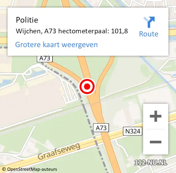 Locatie op kaart van de 112 melding: Politie Wijchen, A73 hectometerpaal: 101,8 op 30 mei 2024 17:54