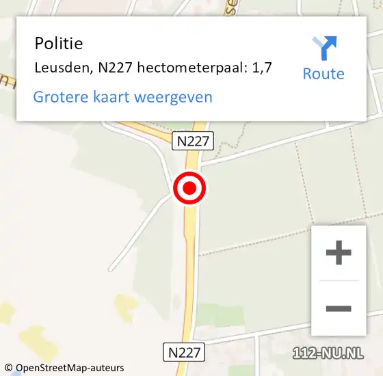 Locatie op kaart van de 112 melding: Politie Leusden, N227 hectometerpaal: 1,7 op 30 mei 2024 17:56