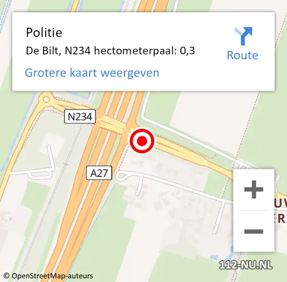 Locatie op kaart van de 112 melding: Politie De Bilt, N234 hectometerpaal: 0,3 op 30 mei 2024 18:19