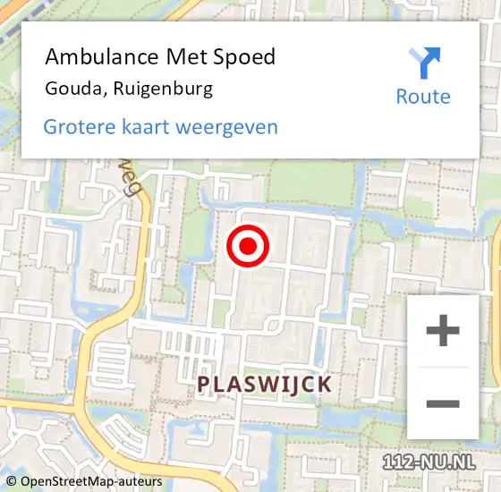 Locatie op kaart van de 112 melding: Ambulance Met Spoed Naar Gouda, Ruigenburg op 30 mei 2024 19:52