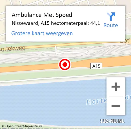 Locatie op kaart van de 112 melding: Ambulance Met Spoed Naar Nissewaard, A15 hectometerpaal: 44,1 op 30 mei 2024 20:45