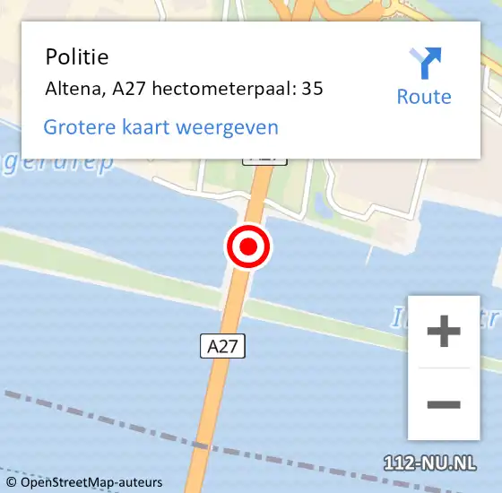 Locatie op kaart van de 112 melding: Politie Altena, A27 hectometerpaal: 35 op 30 mei 2024 20:50