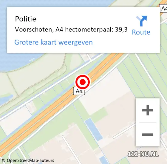 Locatie op kaart van de 112 melding: Politie Voorschoten, A4 hectometerpaal: 39,3 op 30 mei 2024 21:20