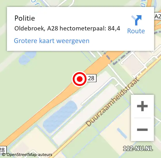 Locatie op kaart van de 112 melding: Politie Oldebroek, A28 hectometerpaal: 84,4 op 30 mei 2024 22:21