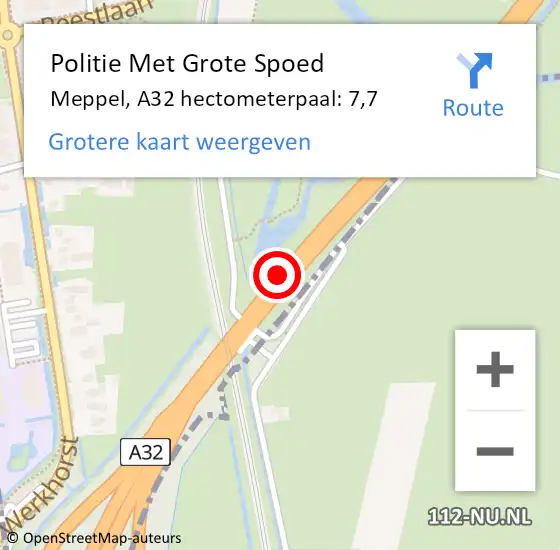 Locatie op kaart van de 112 melding: Politie Met Grote Spoed Naar Meppel, A32 hectometerpaal: 7,7 op 30 mei 2024 23:05