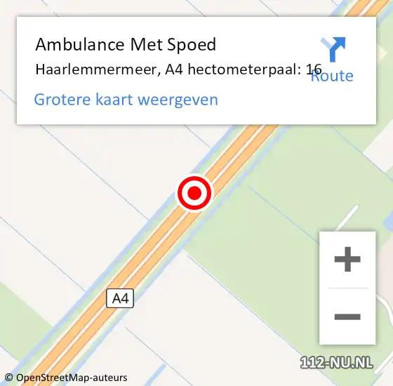 Locatie op kaart van de 112 melding: Ambulance Met Spoed Naar Haarlemmermeer, A4 hectometerpaal: 16 op 31 mei 2024 01:18