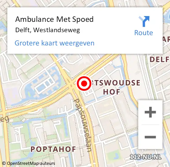 Locatie op kaart van de 112 melding: Ambulance Met Spoed Naar Delft, Westlandseweg op 31 mei 2024 02:02