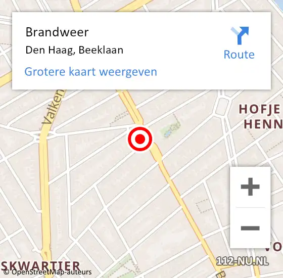 Locatie op kaart van de 112 melding: Brandweer Den Haag, Beeklaan op 31 mei 2024 04:16