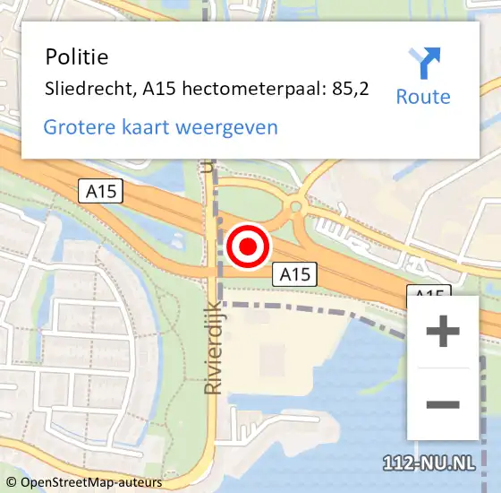 Locatie op kaart van de 112 melding: Politie Sliedrecht, A15 hectometerpaal: 85,2 op 31 mei 2024 07:00