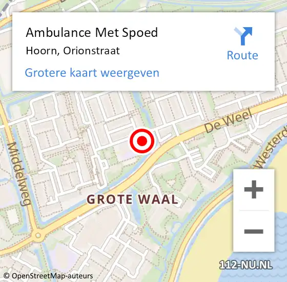 Locatie op kaart van de 112 melding: Ambulance Met Spoed Naar Hoorn, Orionstraat op 31 mei 2024 09:19