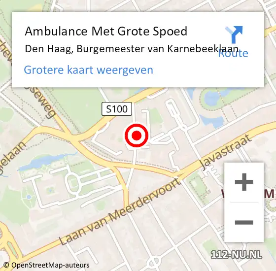 Locatie op kaart van de 112 melding: Ambulance Met Grote Spoed Naar Den Haag, Burgemeester van Karnebeeklaan op 31 mei 2024 11:13