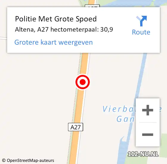 Locatie op kaart van de 112 melding: Politie Met Grote Spoed Naar Altena, A27 hectometerpaal: 30,9 op 31 mei 2024 11:36