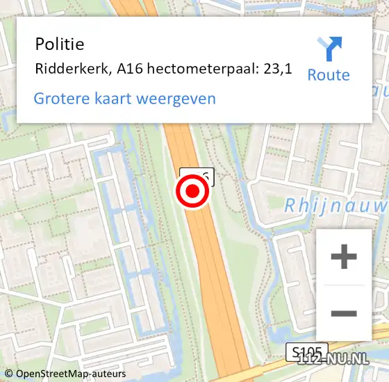 Locatie op kaart van de 112 melding: Politie Ridderkerk, A16 hectometerpaal: 23,1 op 31 mei 2024 12:32