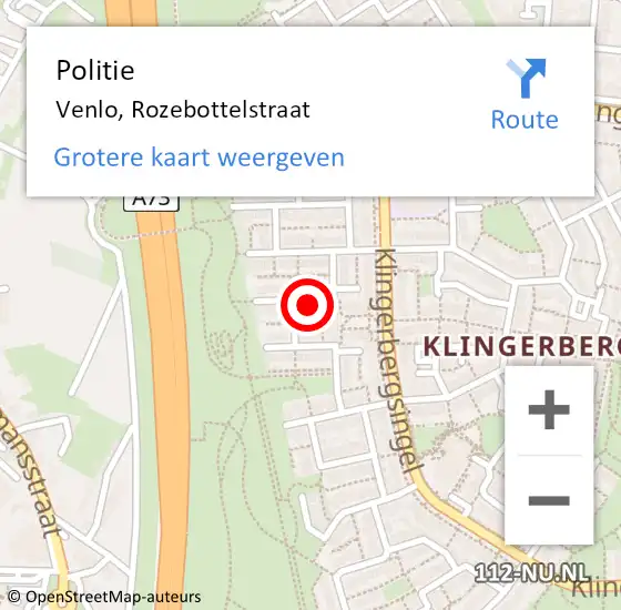 Locatie op kaart van de 112 melding: Politie Venlo, Rozebottelstraat op 31 mei 2024 12:38