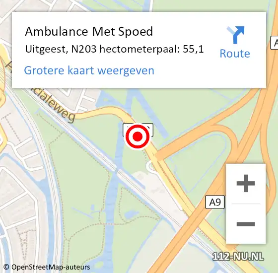 Locatie op kaart van de 112 melding: Ambulance Met Spoed Naar Uitgeest, N203 hectometerpaal: 55,1 op 31 mei 2024 13:12