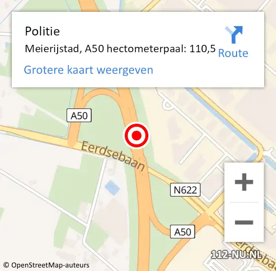 Locatie op kaart van de 112 melding: Politie Meierijstad, A50 hectometerpaal: 110,5 op 31 mei 2024 13:40