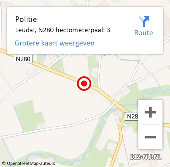 Locatie op kaart van de 112 melding: Politie Leudal, N280 hectometerpaal: 3 op 31 mei 2024 14:35