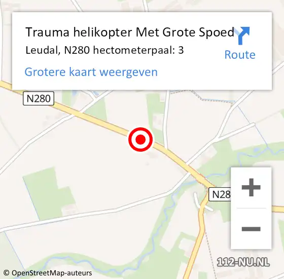 Locatie op kaart van de 112 melding: Trauma helikopter Met Grote Spoed Naar Leudal, N280 hectometerpaal: 3 op 31 mei 2024 14:37
