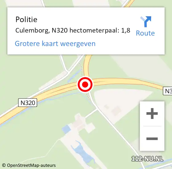 Locatie op kaart van de 112 melding: Politie Culemborg, N320 hectometerpaal: 1,8 op 31 mei 2024 14:40