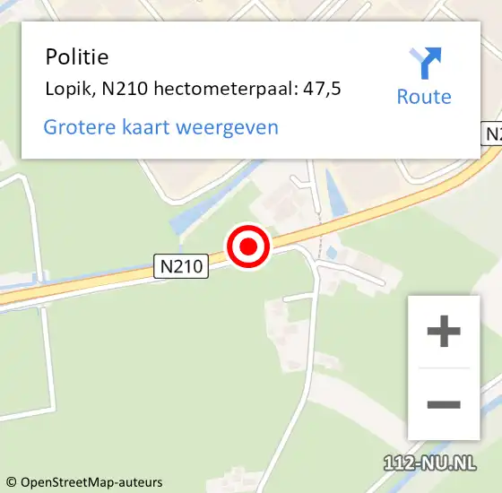 Locatie op kaart van de 112 melding: Politie Lopik, N210 hectometerpaal: 47,5 op 31 mei 2024 14:56