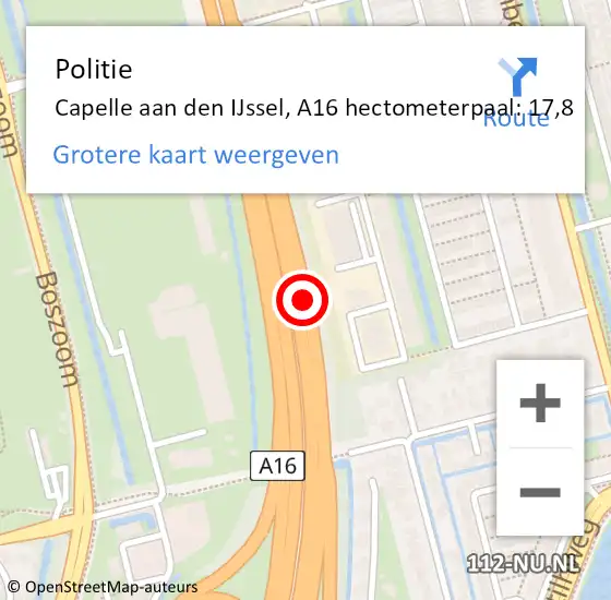Locatie op kaart van de 112 melding: Politie Capelle aan den IJssel, A16 hectometerpaal: 17,8 op 31 mei 2024 16:15