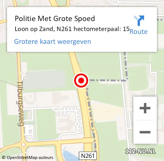 Locatie op kaart van de 112 melding: Politie Met Grote Spoed Naar Loon op Zand, N261 hectometerpaal: 15 op 31 mei 2024 16:55