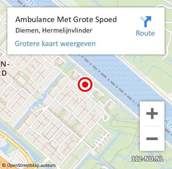 Locatie op kaart van de 112 melding: Ambulance Met Grote Spoed Naar Diemen, Hermelijnvlinder op 31 mei 2024 17:17