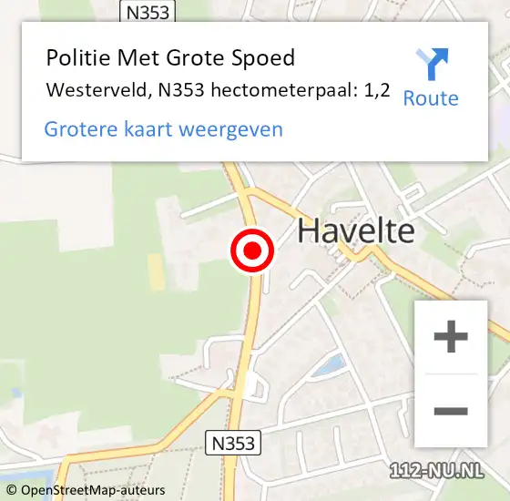 Locatie op kaart van de 112 melding: Politie Met Grote Spoed Naar Westerveld, N353 hectometerpaal: 1,2 op 31 mei 2024 17:18