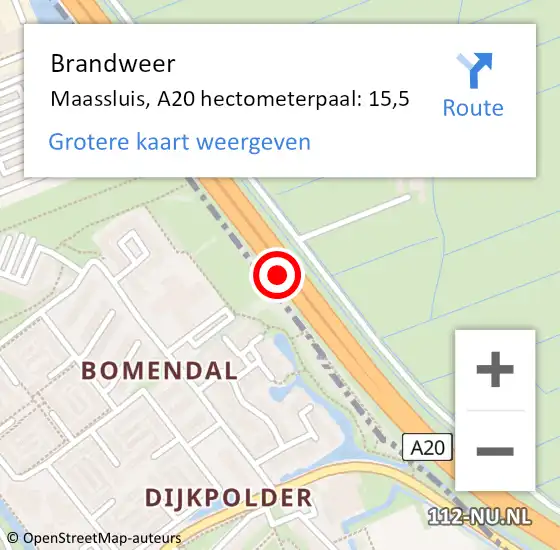 Locatie op kaart van de 112 melding: Brandweer Maassluis, A20 hectometerpaal: 15,5 op 31 mei 2024 17:24