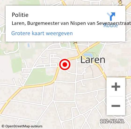 Locatie op kaart van de 112 melding: Politie Laren, Burgemeester van Nispen van Sevenaerstraat op 31 mei 2024 17:49