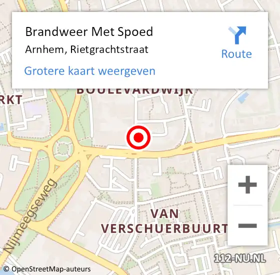 Locatie op kaart van de 112 melding: Brandweer Met Spoed Naar Arnhem, Rietgrachtstraat op 31 mei 2024 17:57