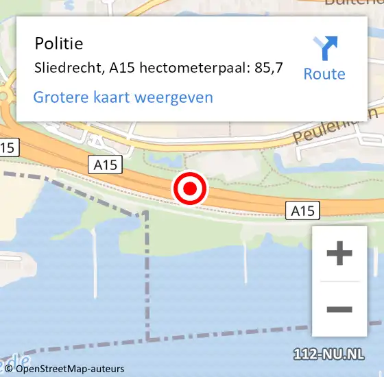 Locatie op kaart van de 112 melding: Politie Sliedrecht, A15 hectometerpaal: 85,7 op 31 mei 2024 19:34