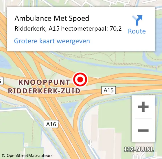 Locatie op kaart van de 112 melding: Ambulance Met Spoed Naar Ridderkerk, A15 hectometerpaal: 70,2 op 31 mei 2024 20:35