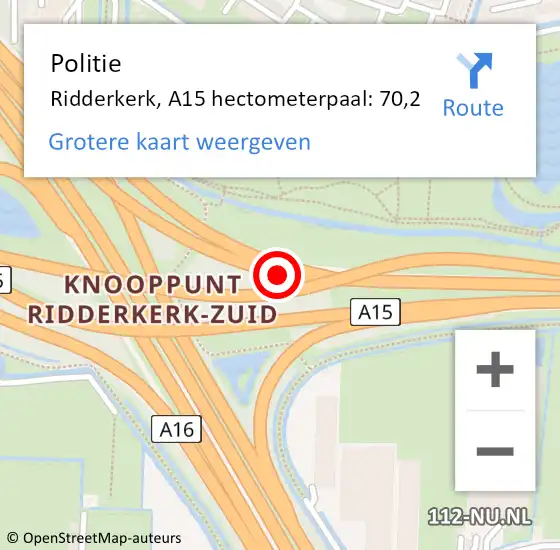 Locatie op kaart van de 112 melding: Politie Ridderkerk, A15 hectometerpaal: 70,2 op 31 mei 2024 20:35