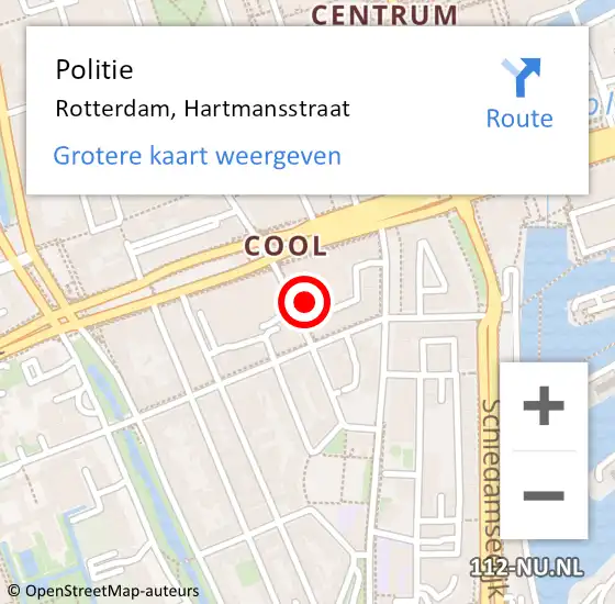 Locatie op kaart van de 112 melding: Politie Rotterdam, Hartmansstraat op 31 mei 2024 20:41