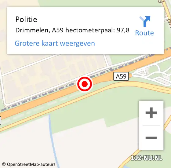 Locatie op kaart van de 112 melding: Politie Drimmelen, A59 hectometerpaal: 97,8 op 31 mei 2024 23:04