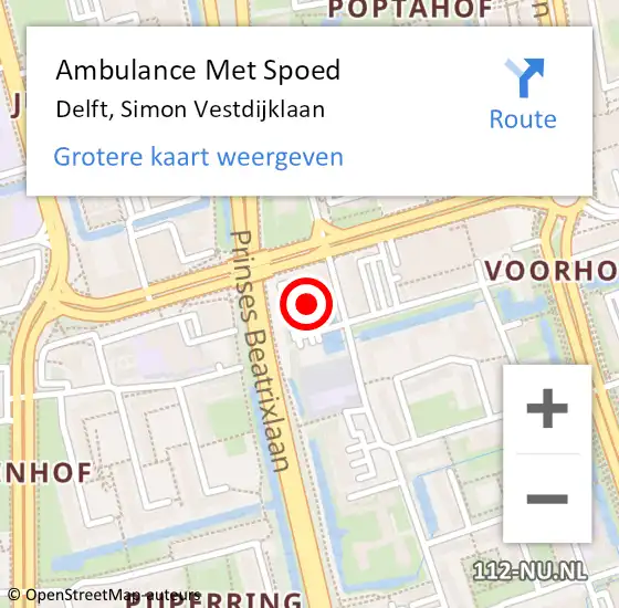 Locatie op kaart van de 112 melding: Ambulance Met Spoed Naar Delft, Simon Vestdijklaan op 1 juni 2024 09:01