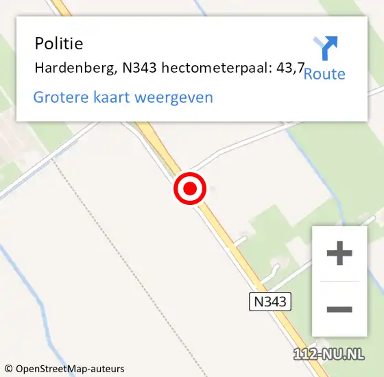 Locatie op kaart van de 112 melding: Politie Hardenberg, N343 hectometerpaal: 43,7 op 1 juni 2024 11:35