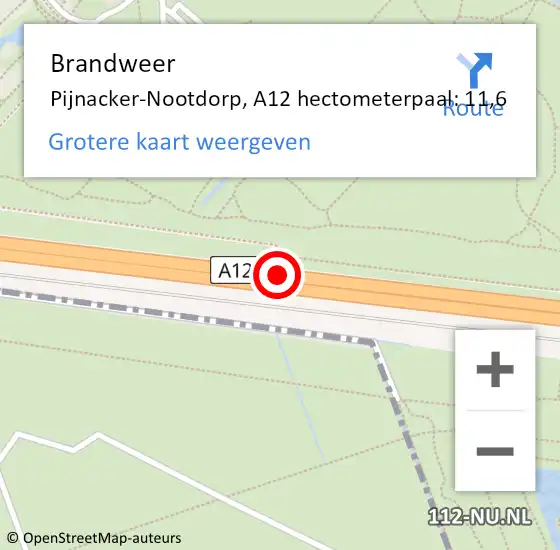 Locatie op kaart van de 112 melding: Brandweer Pijnacker-Nootdorp, A12 hectometerpaal: 11,6 op 1 juni 2024 11:50