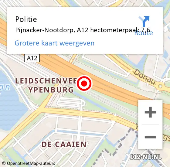 Locatie op kaart van de 112 melding: Politie Pijnacker-Nootdorp, A12 hectometerpaal: 7,6 op 1 juni 2024 12:13