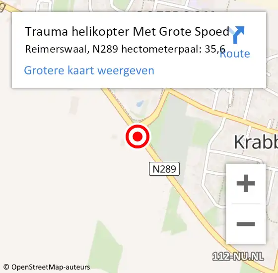 Locatie op kaart van de 112 melding: Trauma helikopter Met Grote Spoed Naar Reimerswaal, N289 hectometerpaal: 35,6 op 1 juni 2024 13:12