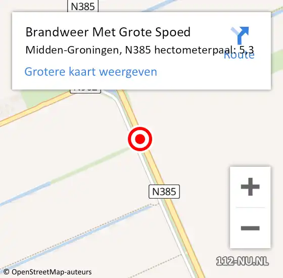 Locatie op kaart van de 112 melding: Brandweer Met Grote Spoed Naar Midden-Groningen, N385 hectometerpaal: 5,3 op 1 juni 2024 13:14