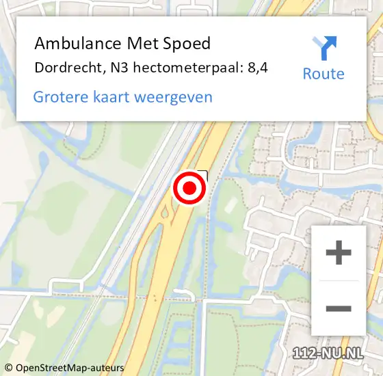 Locatie op kaart van de 112 melding: Ambulance Met Spoed Naar Dordrecht, N3 hectometerpaal: 8,4 op 1 juni 2024 13:44
