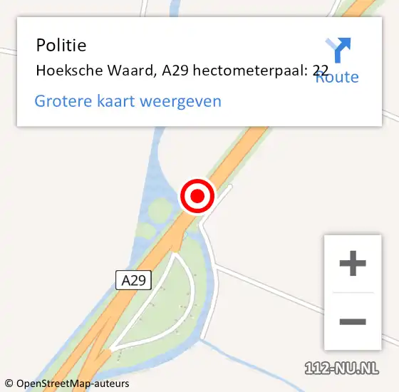 Locatie op kaart van de 112 melding: Politie Hoeksche Waard, A29 hectometerpaal: 22 op 1 juni 2024 14:19